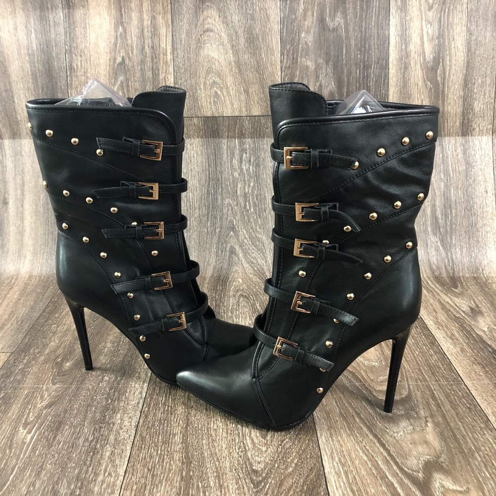 Black buckled gold studded booties
